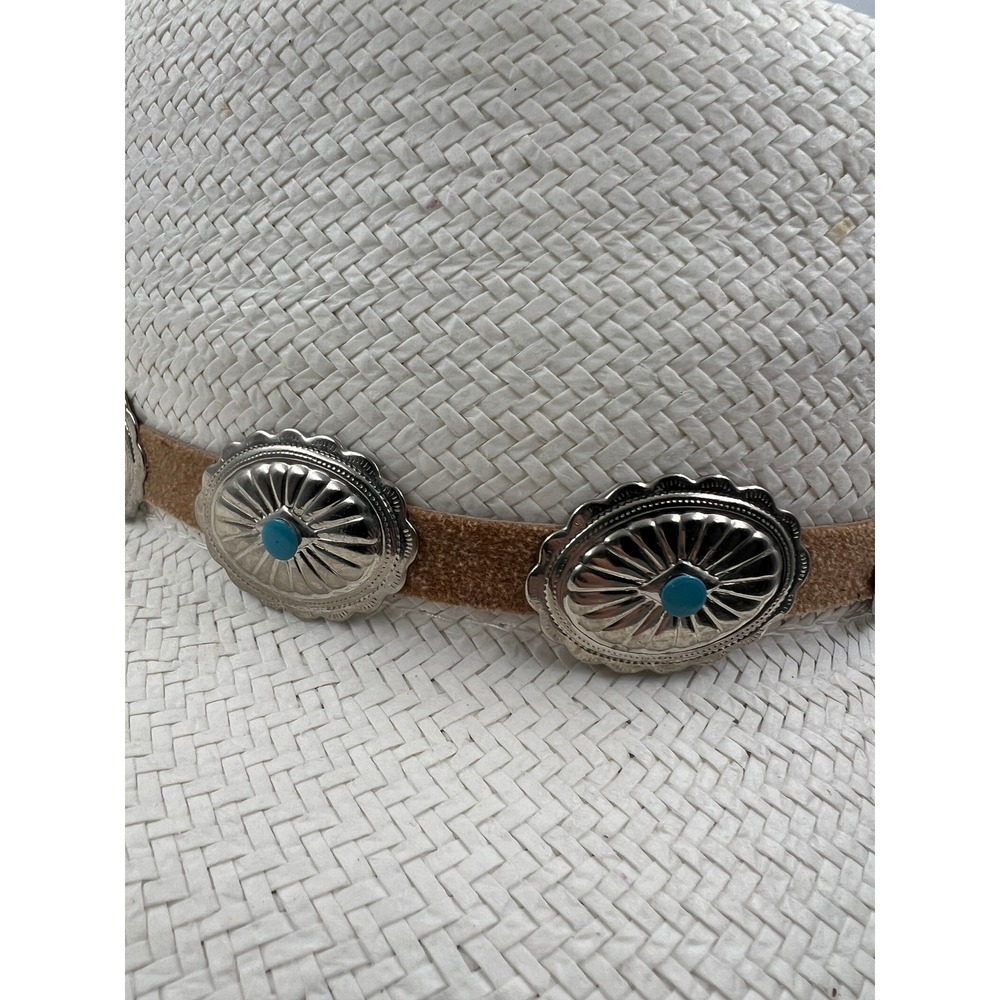The Scala Collection White Straw Fedora Hat Western Concho Turquoise Medium USA - Picture 6 of 10